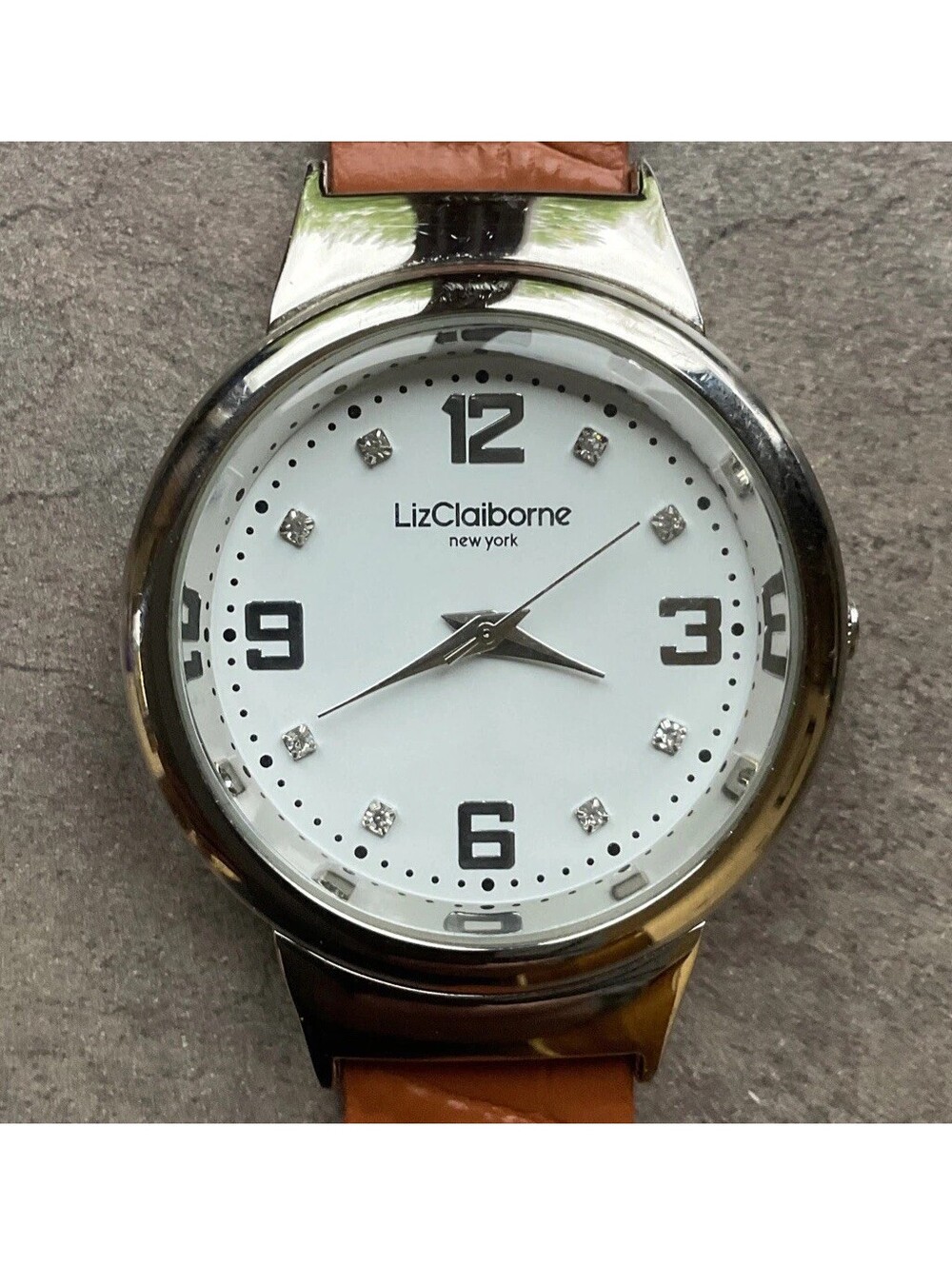 Liz Claiborne Watch Women Silver Tone Case White Dial Brown Leather Band B-K